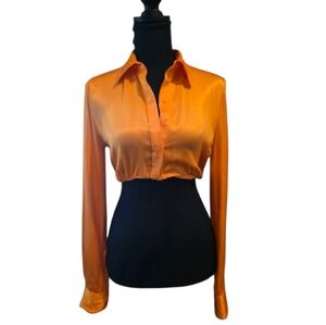 ZARA Satin Crop Shirt in Bold Tangerine – Size XS